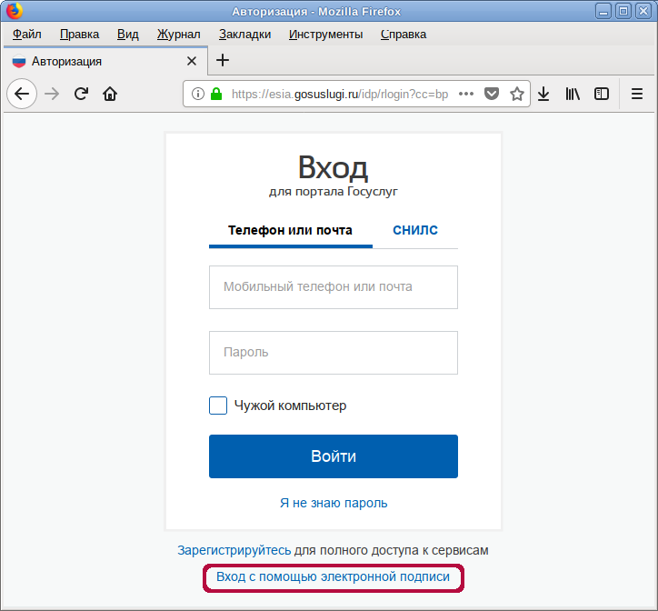 Авторизация на сайте Госуслуг