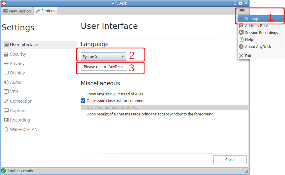 Выбор языка интерфейса AnyDesk
