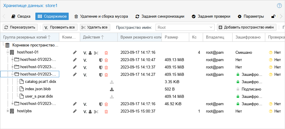 Proxmox Backup Server. Содержимое хранилища store1