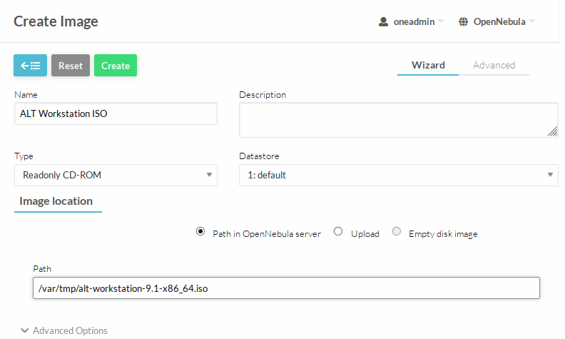 OpenNebula. Образ типа CDROM