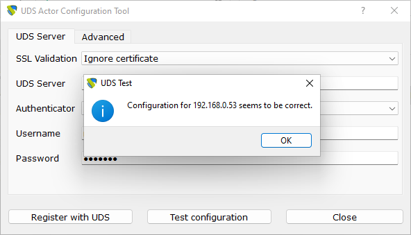 UDSActorConfig for Microsoft Windows. Проверка корректности подключения к серверу OpenUDS