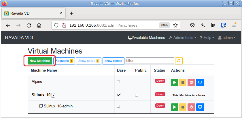 Ravada. Вкладка «machines»