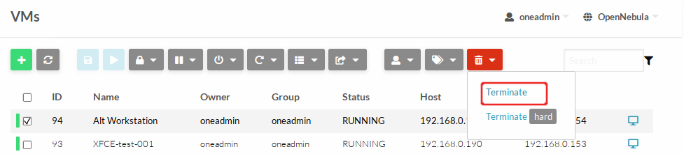 OpenNebula. Удаление ВМ