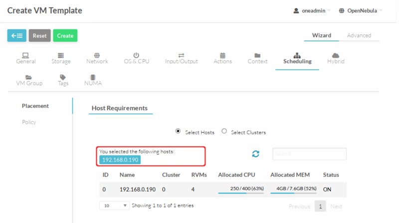 OpenNebula. Создание шаблона ВМ, вкладка «Планирование»