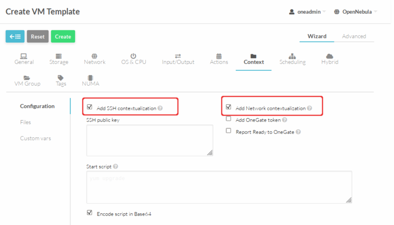 OpenNebula. Создание шаблона ВМ, вкладка «Контекст»