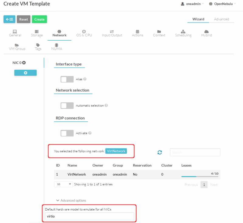 OpenNebula. Создание шаблона ВМ, вкладка «Сеть»