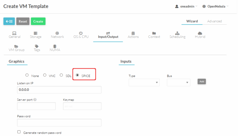 OpenNebula. Создание шаблона ВМ, вкладка «Ввод/Вывод»